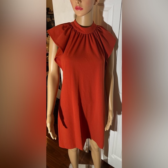 Calvin Klein Size 8 Orange Pleat Neck Shift Dress NWOT - Picture 2 of 4